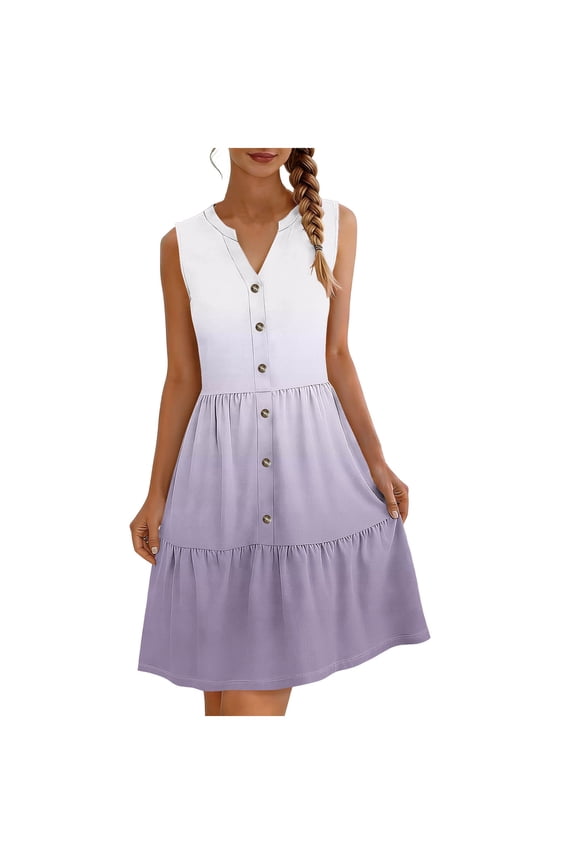 Women's Summer Sleeveless Dresses V-Neck Gradient Button Beach Vacation Sundress Ruffle Trim A-Line Loose Fit Dress Purple