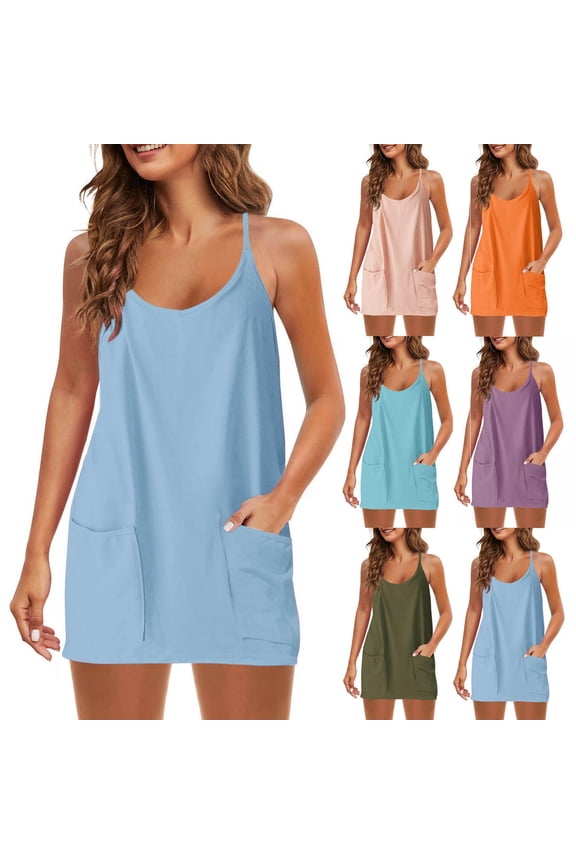 Women's Summer Sleeveless Mini Dress V-Neck Spaghetti Straps Leisure Shorts Dress with Pockets Sky Blue-A