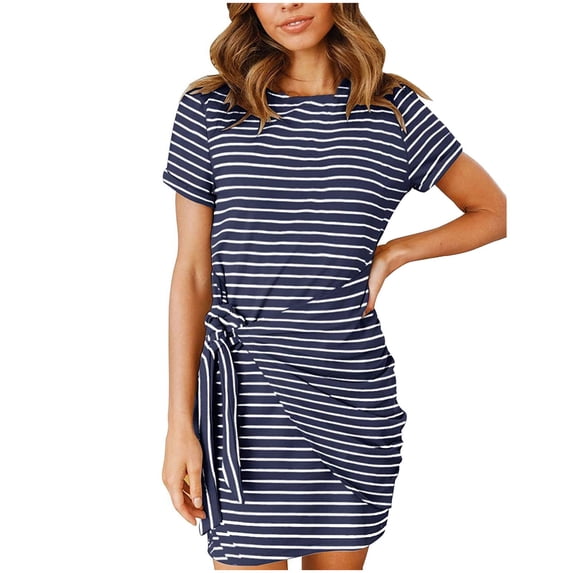 FRSASU Women's Summer Sleeveless Striped T Shirt Dress Casual Crew Neck Tie Waist Mini Dresses Blue