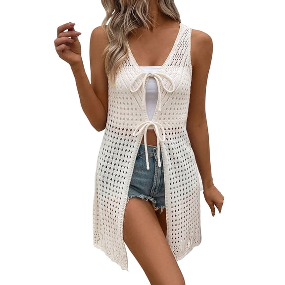 FRSASU Women's Summer Solid Color Leisure Vacation Style Sleeveless Hollow Front Lace up Long Cardigan Outwear White M(M)