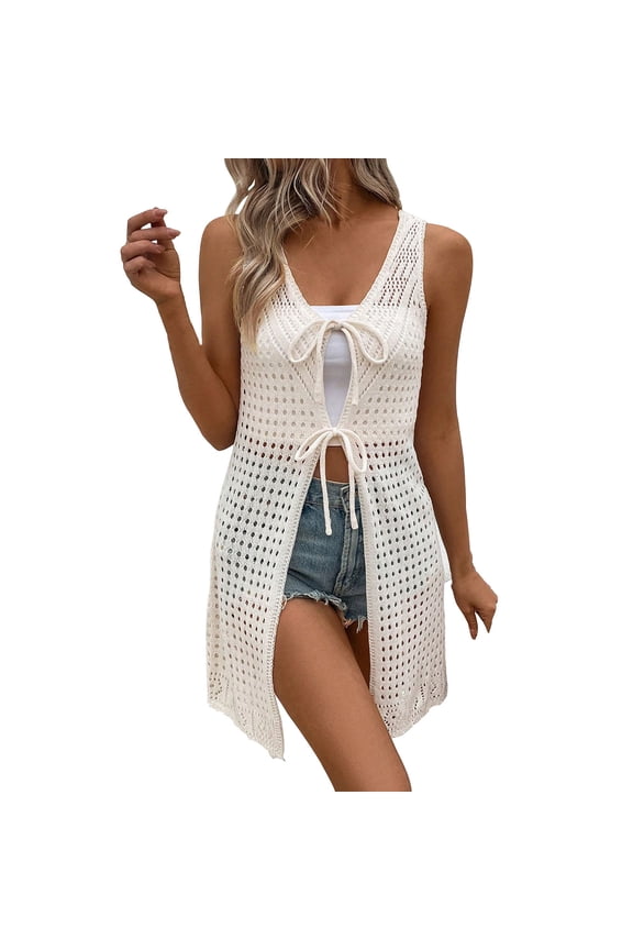 Women's Summer Solid Color Leisure Vacation Style Sleeveless Hollow Front Lace up Long Cardigan Outwear White M(M)