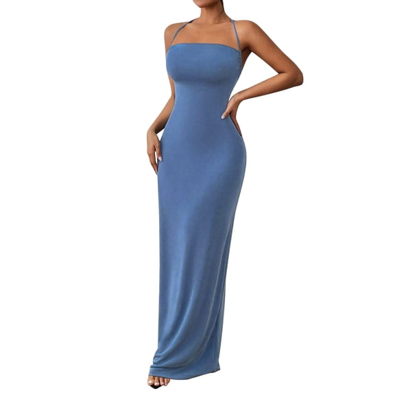 FRSASU Women's Summer Spaghetti Strap Halter Maxi Dress Stretch Bodycon Backless Cocktail Party Long Dresses Blue