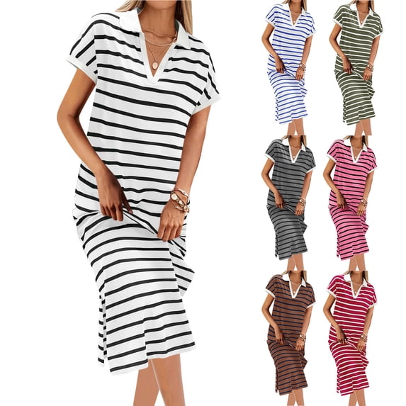 FRSASU Women's Summer Striped Maxi Dress Casual Short Sleeve V-Neck Loose Side Slit Beach Long Dresses White