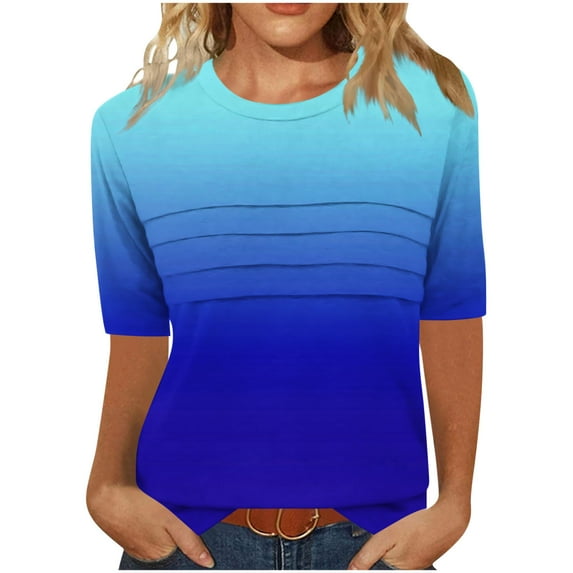 FRSASU Women's Summer Tops Gradient Fashion Wrinkled Round Neck 3/4 Sleeve T-shirt Loose-fitting Cropped Sleeve Top Blue L