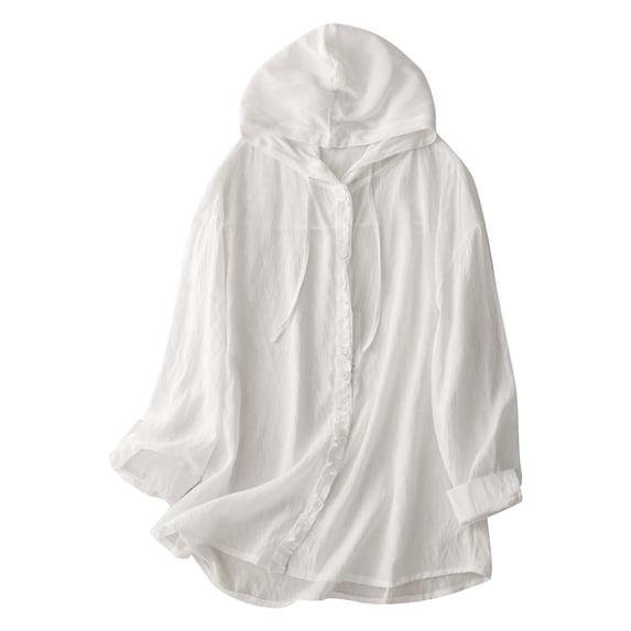 FRSASU Women's Sun Protection Jacket Solid Long Sleeve Button Drawstring Lightweight Casual Fashion Hoodie Coat White XL(XL)