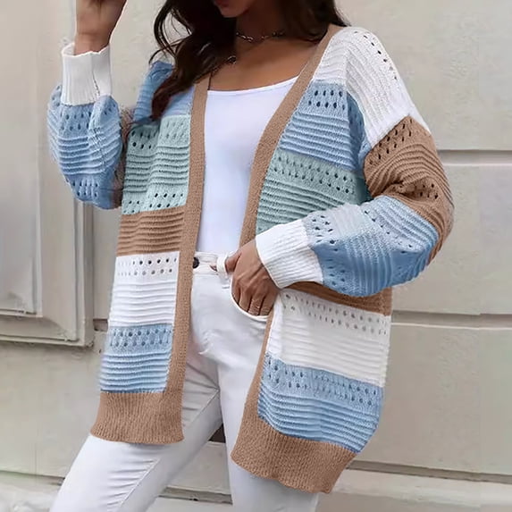 FRSASU Women's Sweater Cardigan Long Sleeved Color Blocked Hollow Fall Casual Sweater Fashion Cardigan Top Sky Blue S(S)