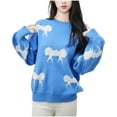 thumbnail image 1 of FRSASU Women's Sweaters Long Sleeve Round Neck Tops Bowknot Knit Casual Pullover Top Blue Free Size, 1 of 4