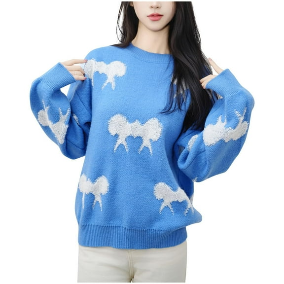 FRSASU Women's Sweaters Long Sleeve Round Neck Tops Bowknot Knit Casual Pullover Top Blue Free Size