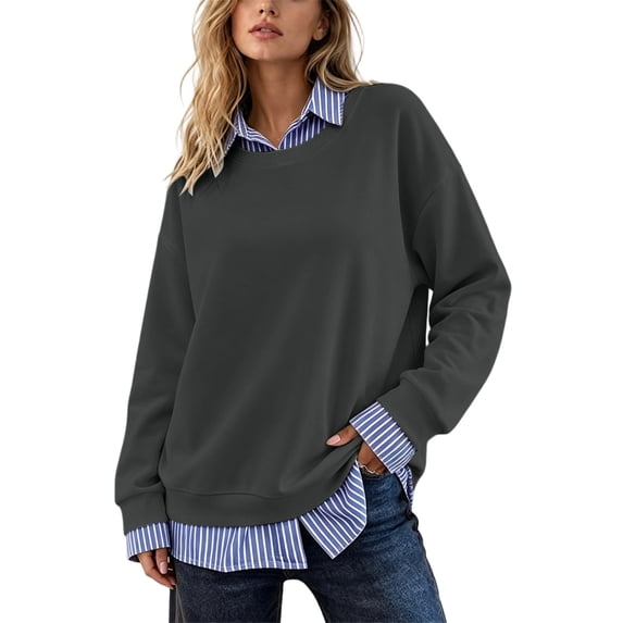 CaComMARK PI Women's Sweatshirt Casual 2 in 1 Striped Patchwork Collar Tops Shirts Business Casual Fall Outfits Dark Gray