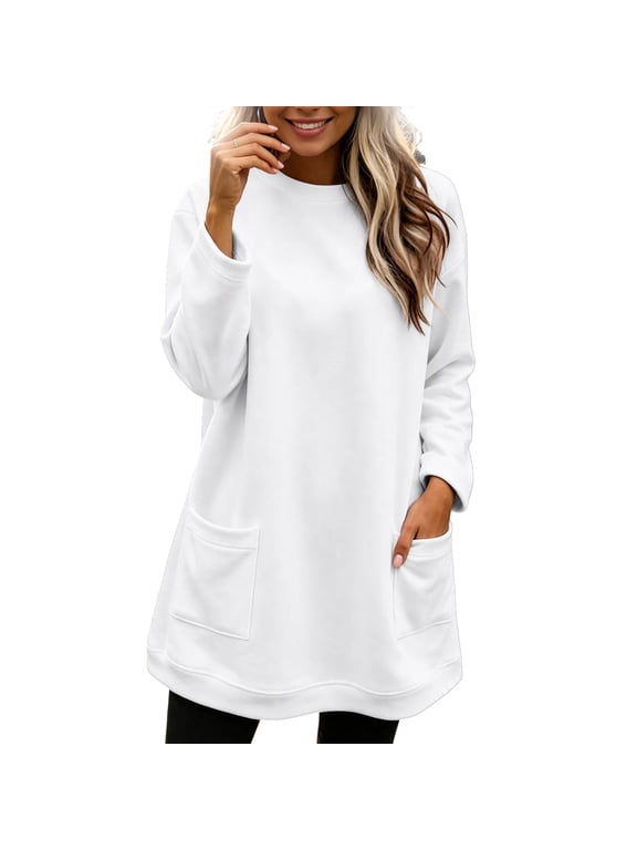 Women's Sweatshirt Dress Featuring Side Pockets Long Sleeve Loose Pullover Mini Dress for Winter Daily and Casual Outings White