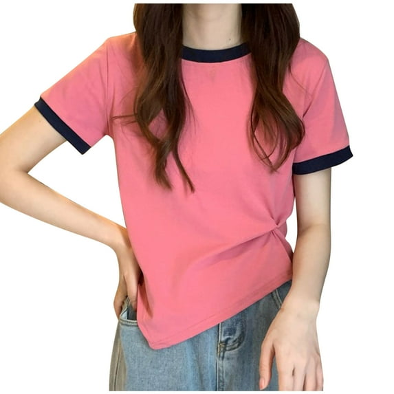 FRSASU Women's T-Shirts Short Sleeve Tops Summer Casual Blouse Crew Neck Pullover Basic Shirt Loose Fit Tee Pink