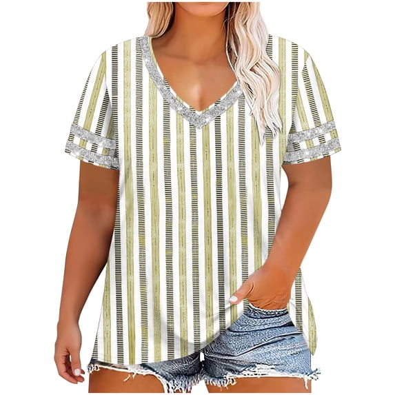 FRSASU Women's T-shirts Short Sleeve Trendy V-Neck Plus Size Summer Beach Vacation Striped Tee Yellow