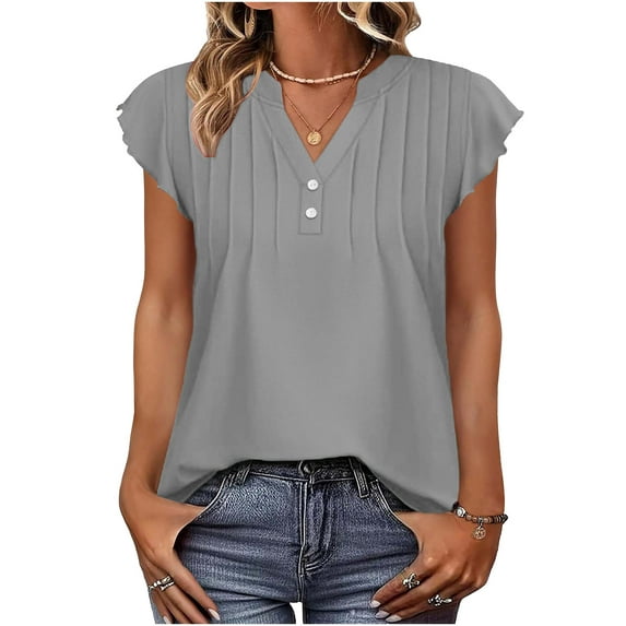 FRSASU Women's Tank Tops Lace Cap Sleeve Button Down V Neck Summer Casual Loose Fit Trendy Cute Sleeveless Shirts Gray