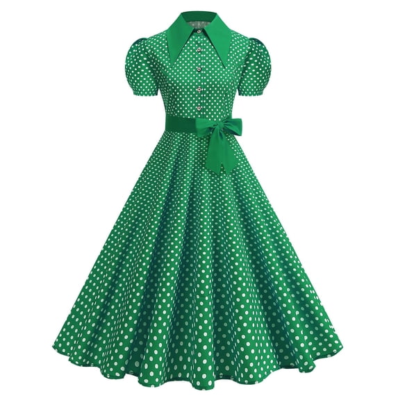 FRSASU Women's Tea Party Collar Short Sleeve Dress Retro Style Rockabilly Polka Dot Vintage Swing Dress Green