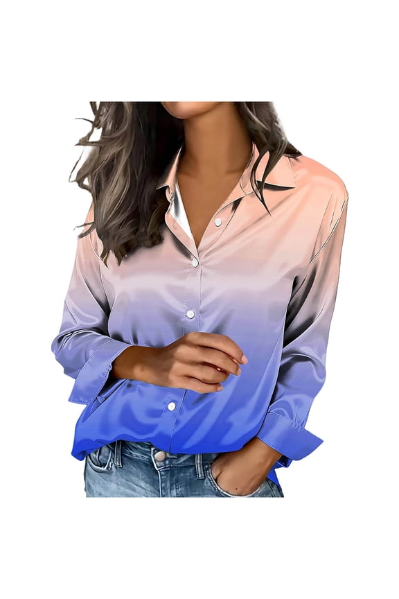 Women's Tie Dye Satin Button Down Shirts Long Sleeve Collared Gradient Blouse Trendy Neon Print Business Work Blouses Dark Blue