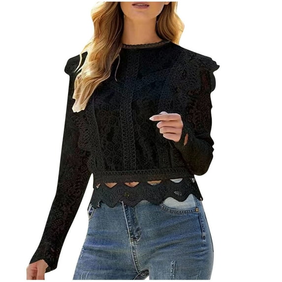 FRSASU Women's Tops Casual Round Neck Solid Long Sleeve Lace Hollow Out Eyelet Fashion Blouses Shirts Black M(M)