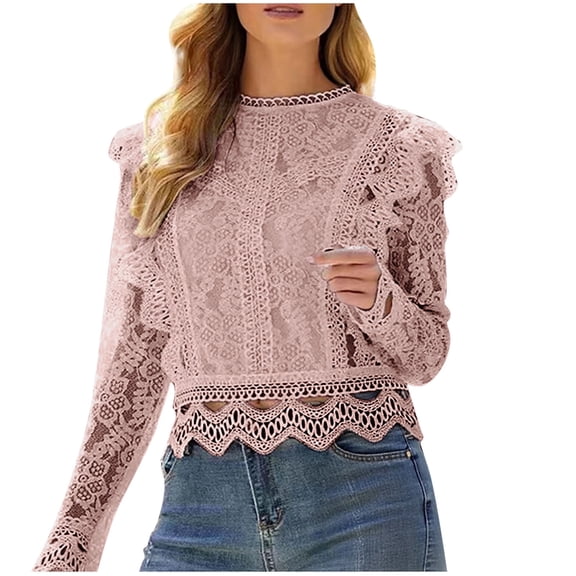 FRSASU Women's Tops Casual Round Neck Solid Long Sleeve Lace Hollow Out Eyelet Fashion Blouses Shirts Hot Pink M(M)