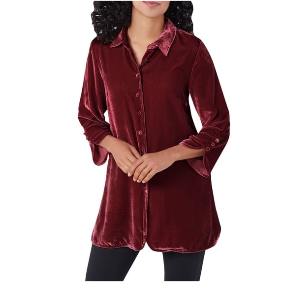 FRSASU Women's Tops Long Sleeved Shirt Solid Color Velvet Shirt Long Sleeved Lapel Top/shirt Wine 6(M)