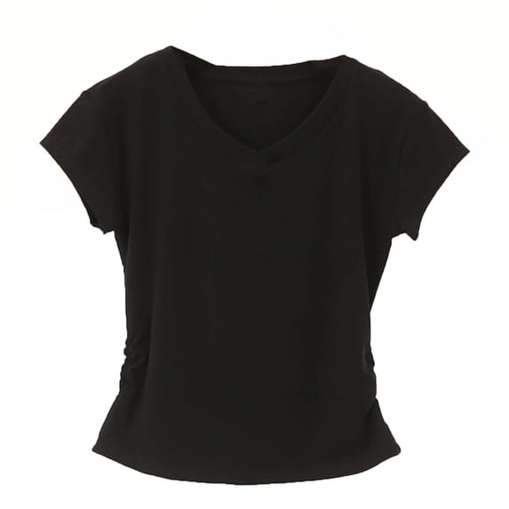 FRSASU Women's Tops Summer Casual Short Sleeve Basic Spring V-Neck Side Ruched Solid Tee Shirts Black-A