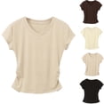 thumbnail image 1 of FRSASU Women's Tops Summer Casual Short Sleeve Basic Spring V-Neck Side Ruched Solid Tee Shirts Khaki-A, 1 of 5