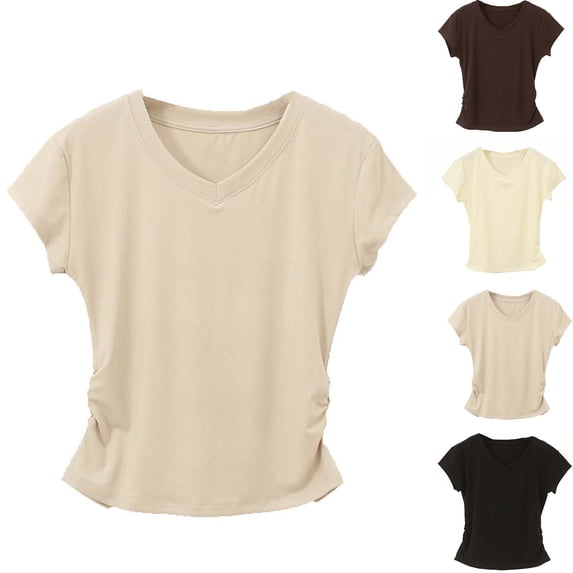 FRSASU Women's Tops Summer Casual Short Sleeve Basic Spring V-Neck Side Ruched Solid Tee Shirts Khaki-A