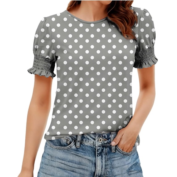 FRSASU Women's Trendy Ruffle Puff Short Sleeve T-Shirts Casual Crewneck Spring Summer Vacation Tunic Blouse Outfit Gray