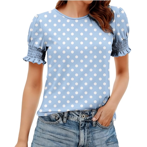 FRSASU Women's Trendy Ruffle Puff Short Sleeve T-Shirts Casual Crewneck Spring Summer Vacation Tunic Blouse Outfit Light Blue