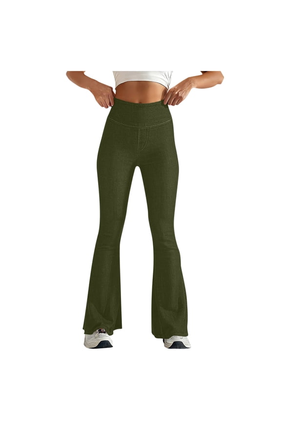 Women's Tummy Control Bell Bottom Jeans High Waisted Wide Leg Tight Fit Flare Pants Jeggings Army Green