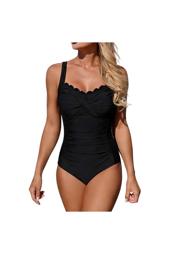 Women's Tummy Control Swimsuit One Piece Slimming Ruched Push up Bathing Suit Vintage Padded Retro V Neck Swimwear Black
