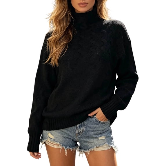 FRSASU Women's Turtleneck Cable Knit Sweater Chunky Loose Oversized Casual Warm Winter Long Sleeve Knitted Jumper Tops Black
