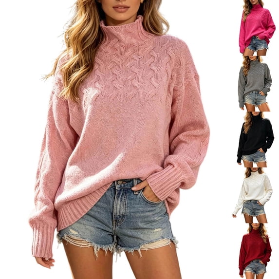 FRSASU Women's Turtleneck Cable Knit Sweater Chunky Loose Oversized Casual Warm Winter Long Sleeve Knitted Jumper Tops White