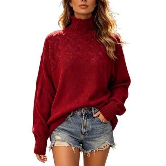 FRSASU Women's Turtleneck Cable Knit Sweater Chunky Loose Oversized Casual Warm Winter Long Sleeve Knitted Jumper Tops Wine