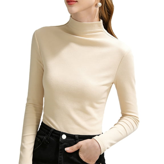 FRSASU Women's Turtleneck Velvet Blouses Long Sleeve Shirts Fall Winter Trendy Tops Slim Fitted Basic Solid Casual Tunics Shirts Beige