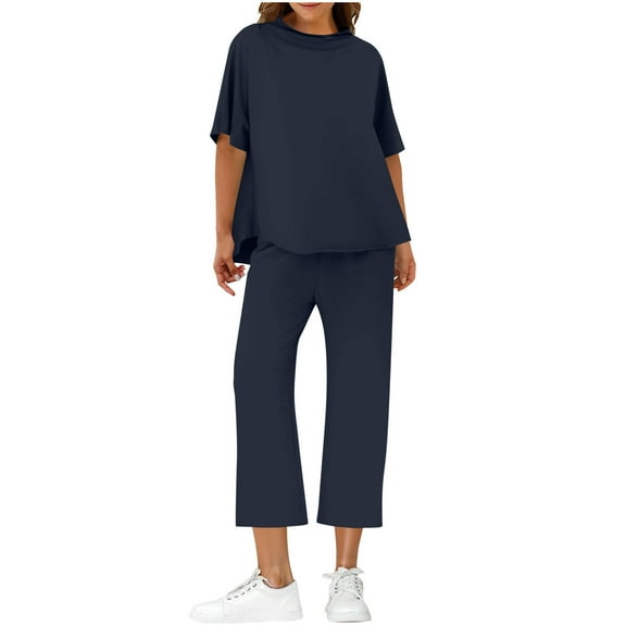 FRSASU Women's Two Piece Solid Color Outfits Short Batwing Sleeve Capelet Crew Neck Pullover Top Wide Leg Pants Lounge Set Navy L(L)