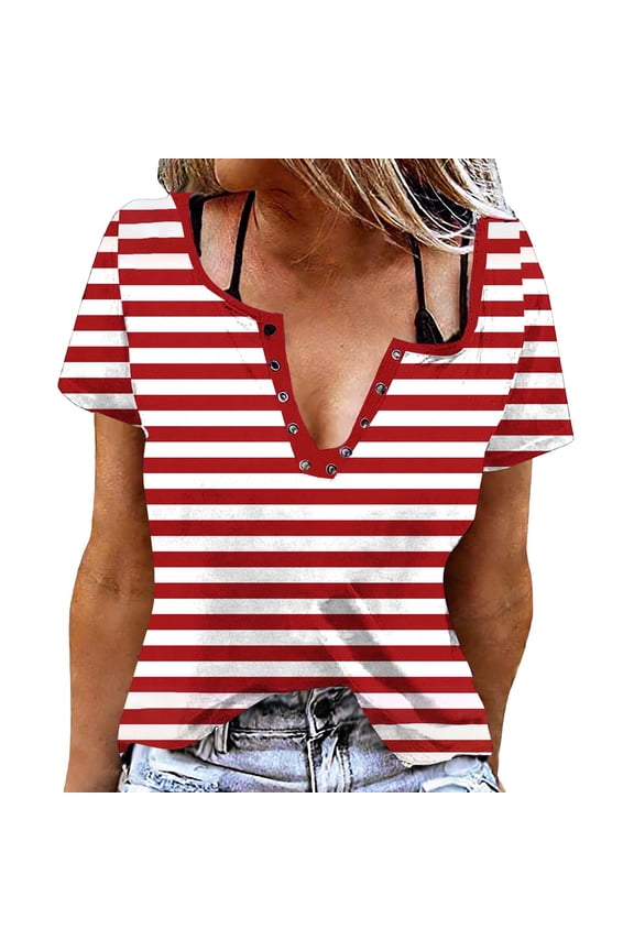 Women's V-Neck Snap Button Shirts Short Sleeve Striped Casual Loose Lightweight Floral Print Tunic Tops Red-B