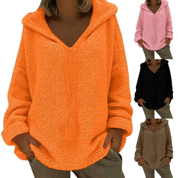 FRSASU Women's V Neck Solid Color Hoodies Long Sleeve Sweater Loose Casual Pullover Tops Pink