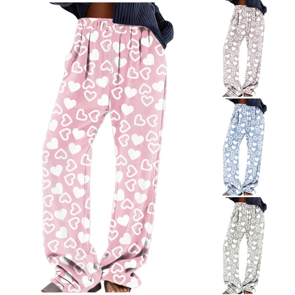 FRSASU Women's Valentine Pants Flannel Fuzzy Elastic Waist Wide Leg Love Heart Print Casual Pants Pink