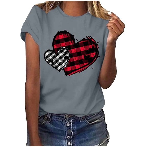 FRSASU Women's Valentine's Day Short Sleeve Tops Summer Love Heart Print T Shirts Crew Neck Casual Fashion Basic Tee Tunics Gray