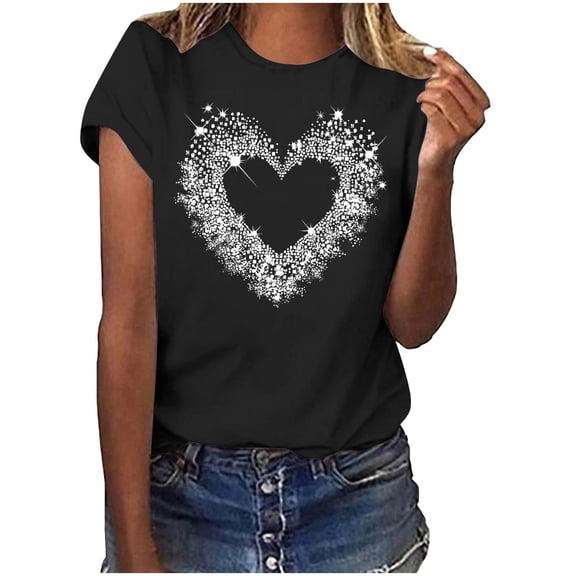 FRSASU Women's Valentines Shirts Cute Heart Print Tops Causal Short Sleeve Tshirt Trendy Crew Neck Tee for Spring Summer Black