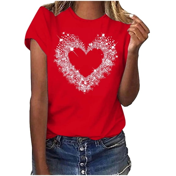 FRSASU Women's Valentines Shirts Cute Heart Print Tops Causal Short Sleeve Tshirt Trendy Crew Neck Tee for Spring Summer Red