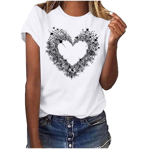 FRSASU Women's Valentines Shirts Cute Heart Print Tops Causal Short Sleeve Tshirt Trendy Crew Neck Tee for Spring Summer White