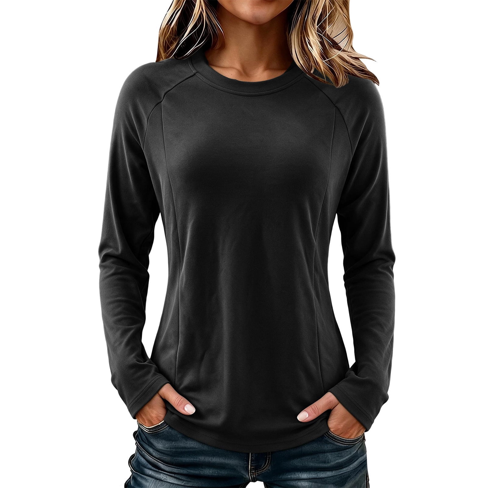 FRSASU Women's Velvet Long-Sleeve Round-Neck Base Top Slim-Fit Soft ...