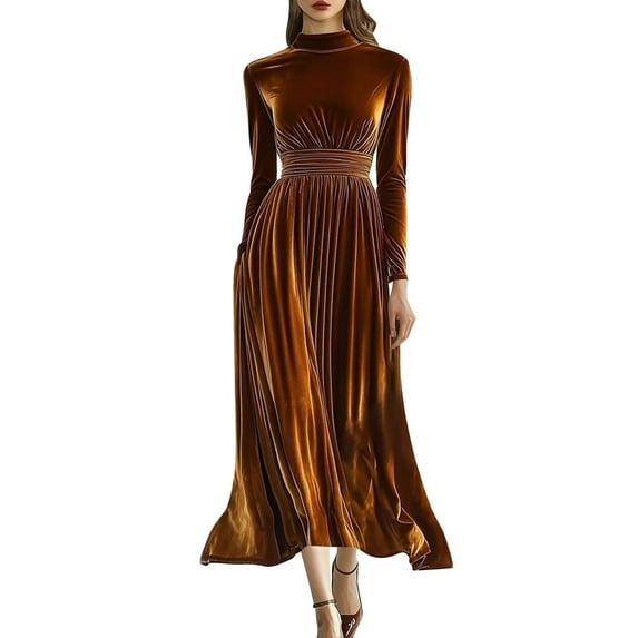 FRSASU Women's Velvet Maxi Dress Winter Long Puff Sleeve Crew Neck Elastic High Waist Cocktail Party Bridesmaid Dresses Coffee