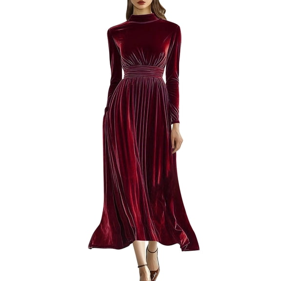 FRSASU Women's Velvet Maxi Dress Winter Long Puff Sleeve Crew Neck Elastic High Waist Cocktail Party Bridesmaid Dresses Red