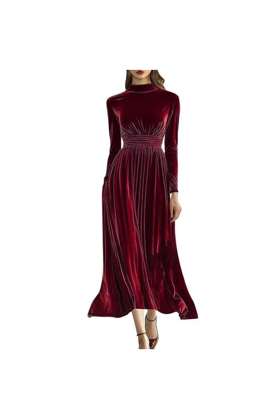 Women's Velvet Maxi Dress Winter Long Puff Sleeve Crew Neck Elastic High Waist Cocktail Party Bridesmaid Dresses Red