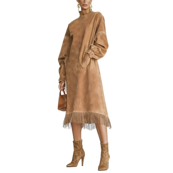 FRSASU Women’s Velvet Tassel Mini Dress High-Neck Suede Velvet Vintage Fringe Long-Sleeve Dress with Loose Pockets Brown