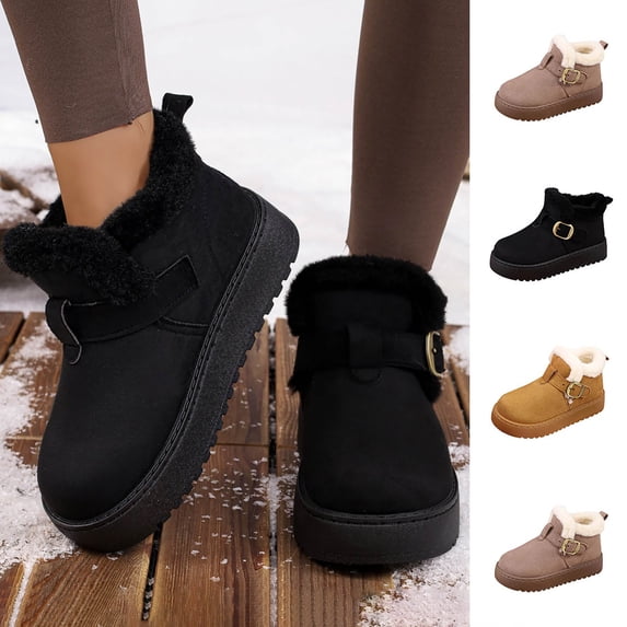 FRSASU Women's Versatile Round-Toe Buckle Strap Thick-Soled Fleece-Lined Warm Comfortable Snow Boots Khaki