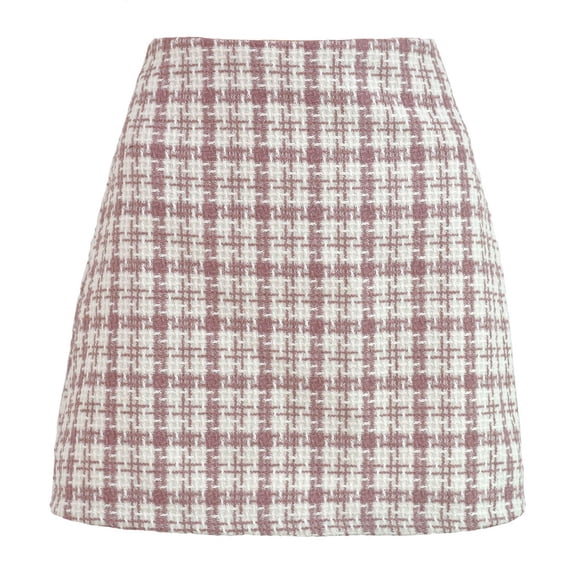 FRSASU Women's Versatile Woolen High Waist Skirt Retro Plaid Skirt A-line Short Skirt Pink 6(M)