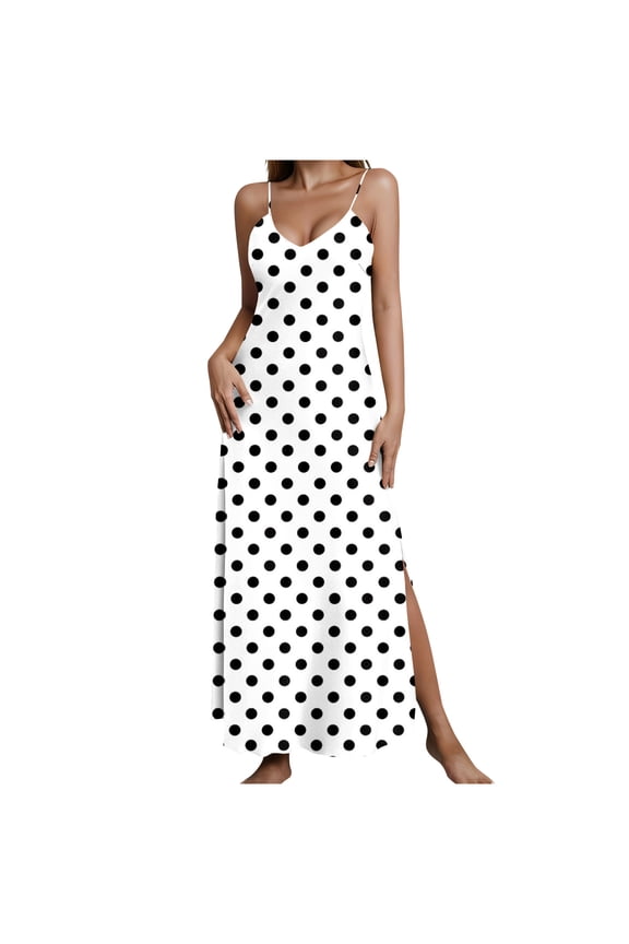 Women's Vintage Polka Dots Side Split Cami Dress Sleeveless V-Neck Flowy Midi Dresses Multicolor-I