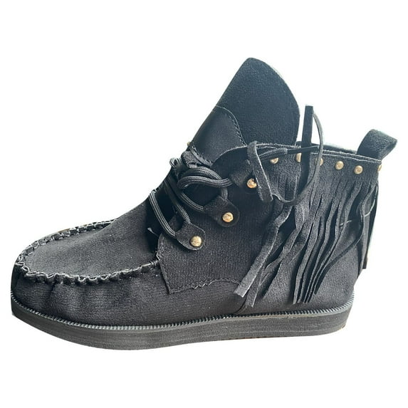 FRSASU Women's Vintage flat heel round toe fringed boots,Lightweight Comfy lace up High Top Round Toe Hippie Short Booties Black